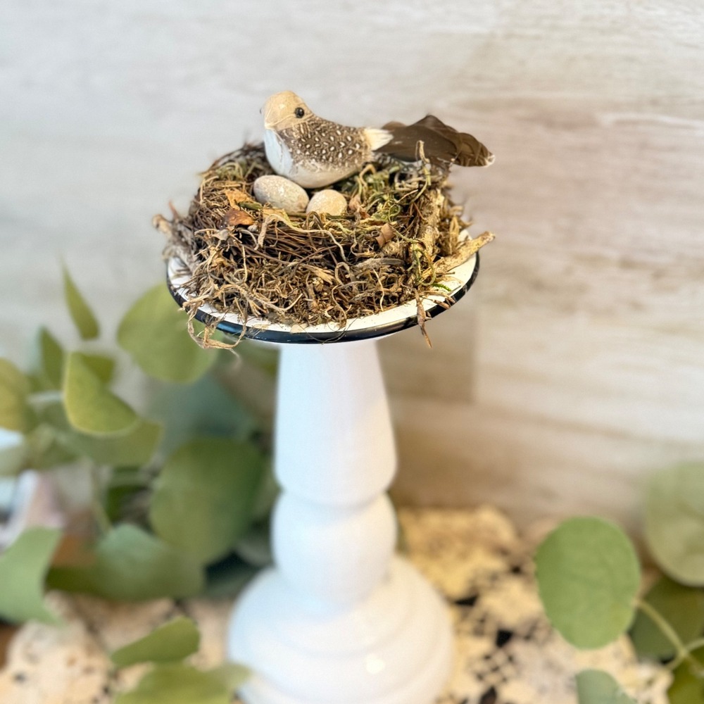 Handcrafted Bird Nest pedestal Decor White French Country Cottage Bird & Eggs